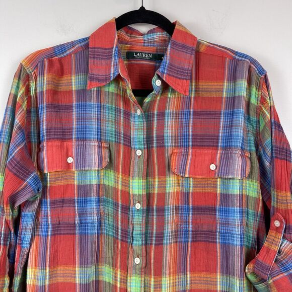 Ralph Lauren Womens Plaid Top Sz M Multi Rainbow 100% Cotton Crinkle Blouse - Picture 2 of 9